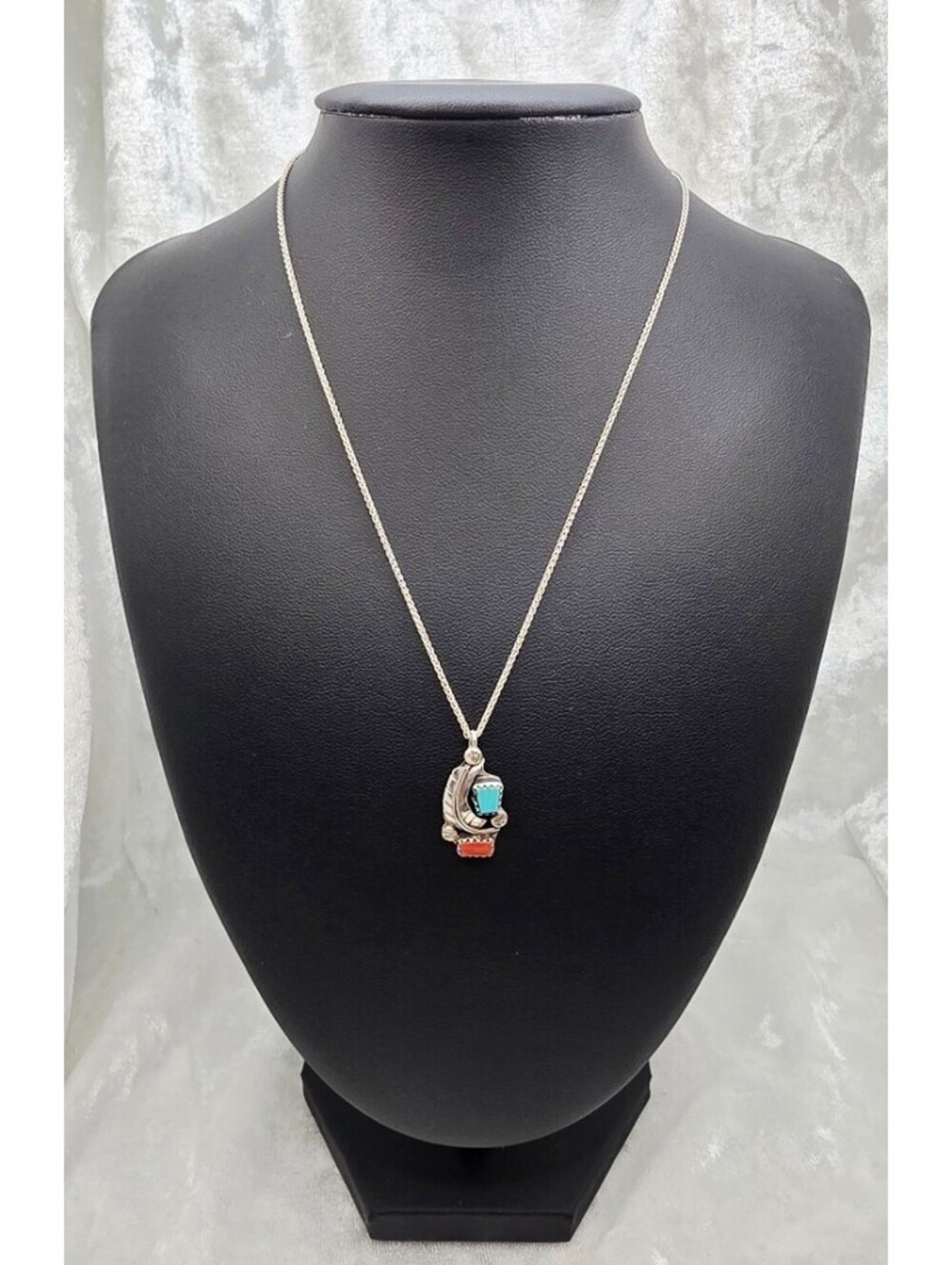 AL Sterling Silver Turquoise Coral Pendant Necklace 925 Chain Southwestern